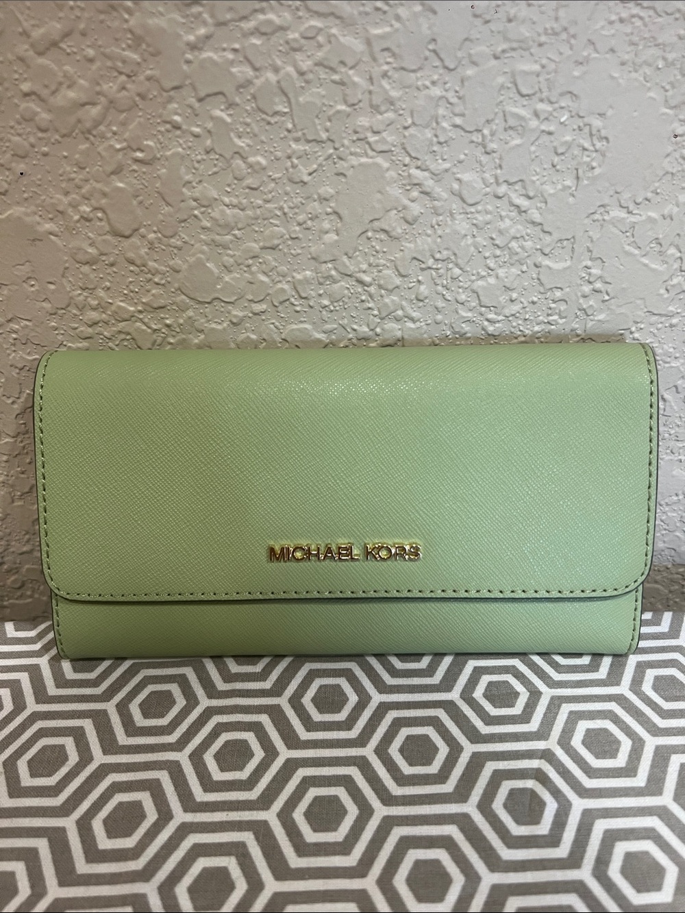 Michael Kors Light Sage Saffiano Continental Wallet with Gold Logo